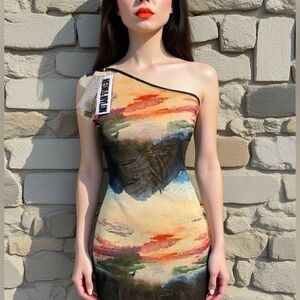 ONLY Multicolor Neon And Nylon Soft And Stretchy One Shoulder Dress Size Small